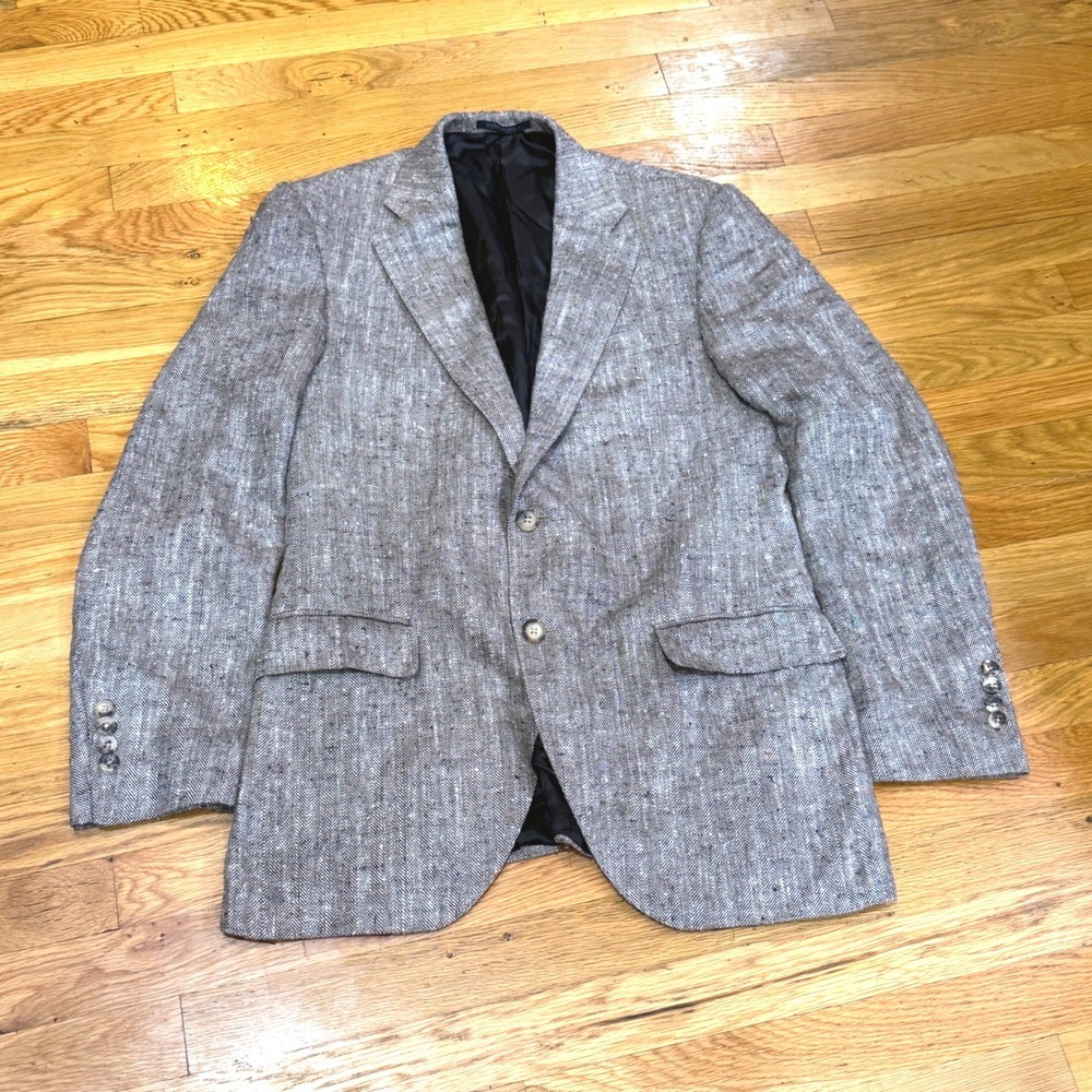 Luigi Bianchi Mantova E Thomas Linen Silk Herringbone Blazer Grey Brown 50R IT